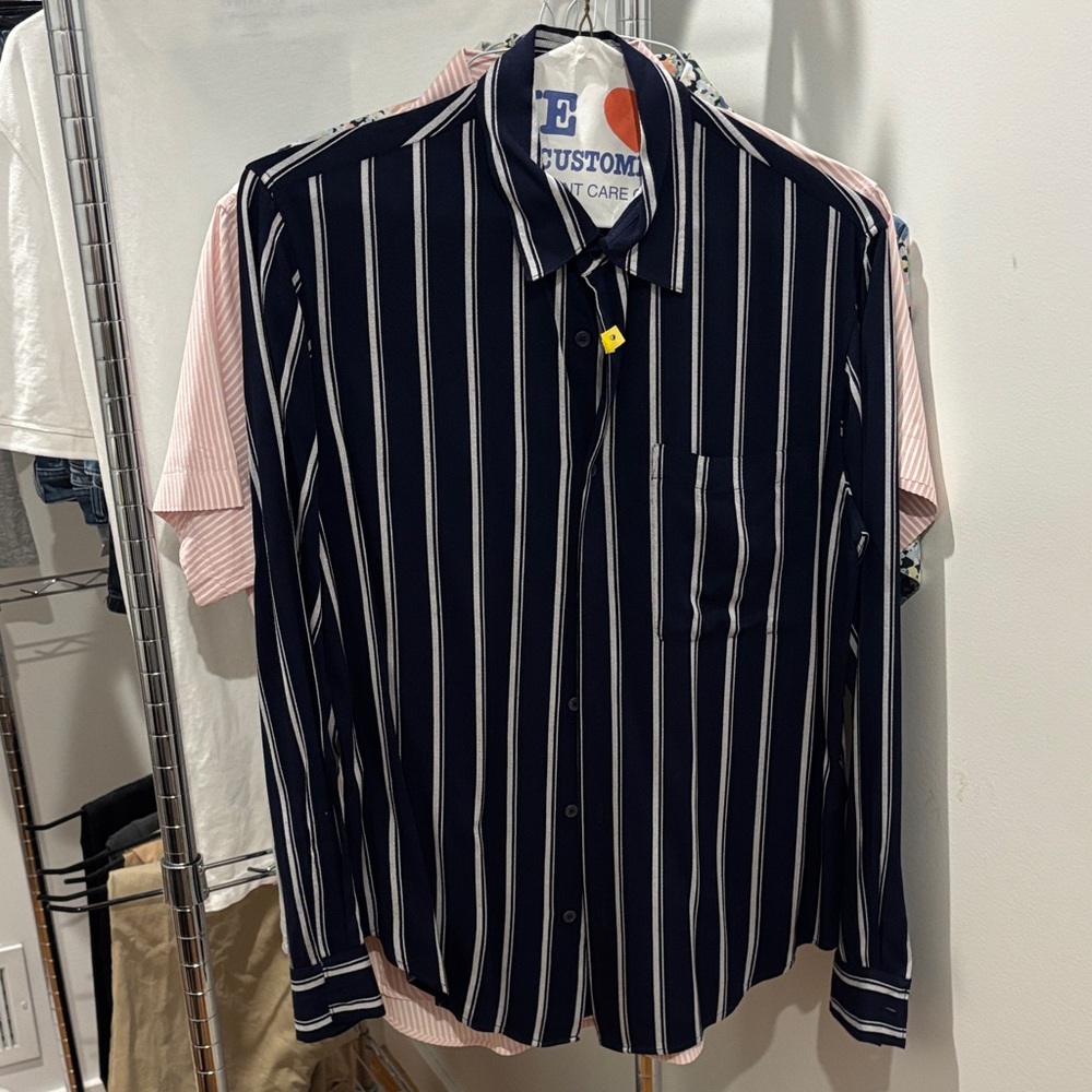 Sandro Navy and White Vertical Stripe Button-Down Shirt